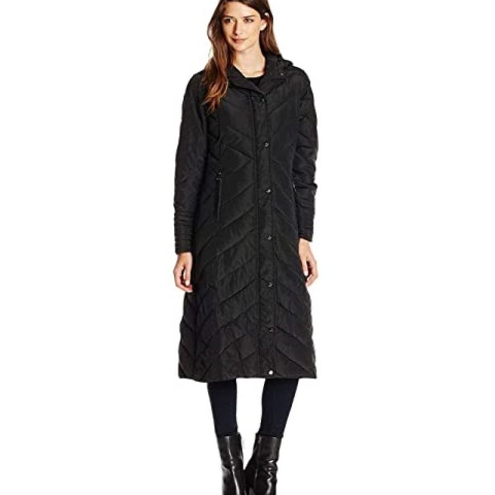 NWT Madden Girl Womens Winter Jacket Long Chevron Puffer Black Large $200 E168